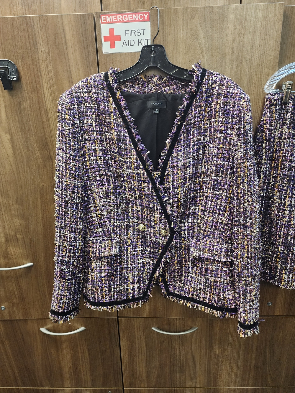 Tahari Purple Tweed Fringed V-Neck Jacket And Skirt Suit